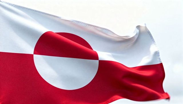 Waving greenland flag filling frame close-up of red and white circle design and fabric folds