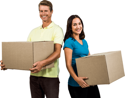 Smiling couple carrying cardboard boxes with transparent background