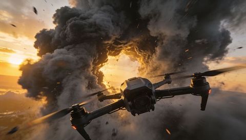 Drone flying through fiery smoke vortex at sunset, cinematic aerial action