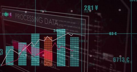 Clustered tiled bar chart with neon line overlays on dark analytics dashboard interface