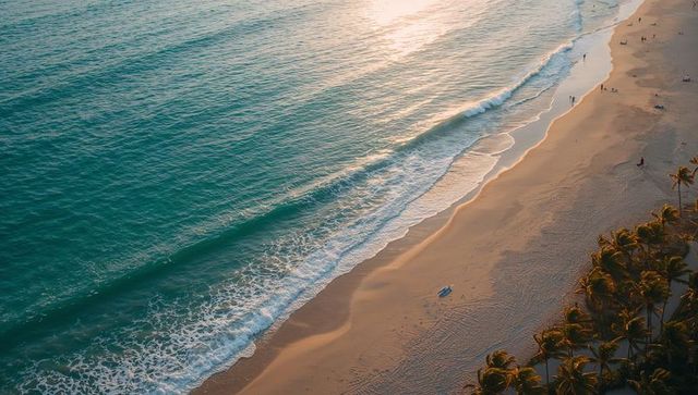 Teal surf rolling onto golden sandy beach with palm trees and sunset glow, aerial view