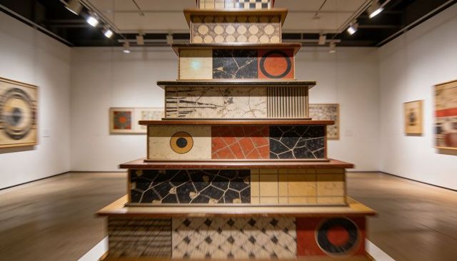 Tiered pyramidal mosaic sculpture in museum gallery featuring geometric abstract panels