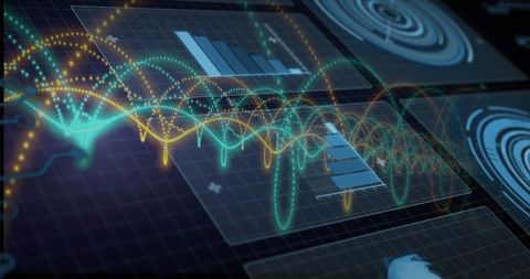 Animating Neon Waveforms on Holographic Analytics Dashboard with Radar and Bar Charts