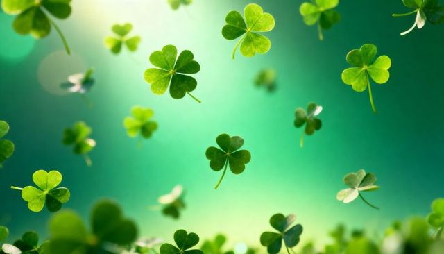 Floating clover leaves drifting through dreamy green bokeh for st patrick's day design