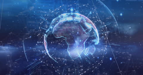 Global Digital Network with Glowing Continental Mesh