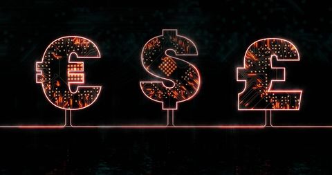 Glowing Currency Symbols with Circuit Board and Data Concept