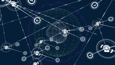 Digital Network Animation with Spinning Globe and Icons