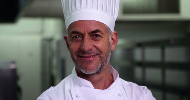 Middle-aged male chef, wearing white uniform and hat, confidently smiling in a professional kitchen. Ideal for use in culinary websites, cooking blogs, restaurant promotions, and advertisements showcasing expert chefs and fine dining environments.