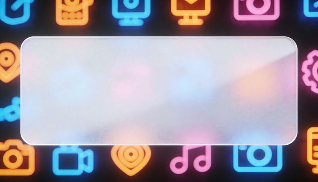 Frosted glass ui panel overlay showcasing neon media icons and futuristic app interface