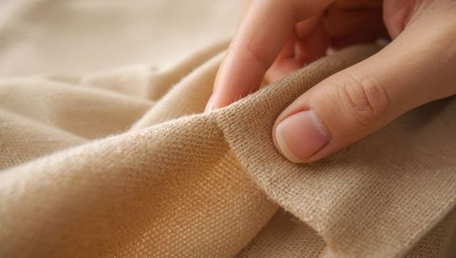 Pinching hand lifting corner of beige knitted fabric closeup showing soft knit texture and weave