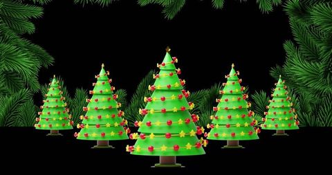 Stylized Christmas Trees on Black Background with Pine Border