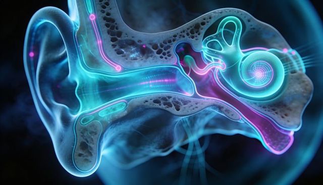 Neon translucent sagittal ear anatomy showing ear canal, ossicles, cochlea, nerves