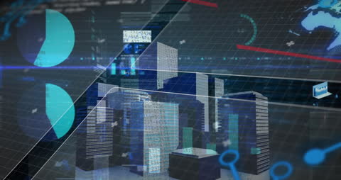 Futuristic Cityscape with Data Processing Visual Overlays