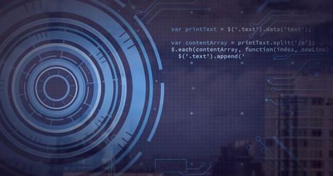 Displaying Futuristic Blue HUD Overlay with Code, Circuit Grid and Urban Skyline at Dusk