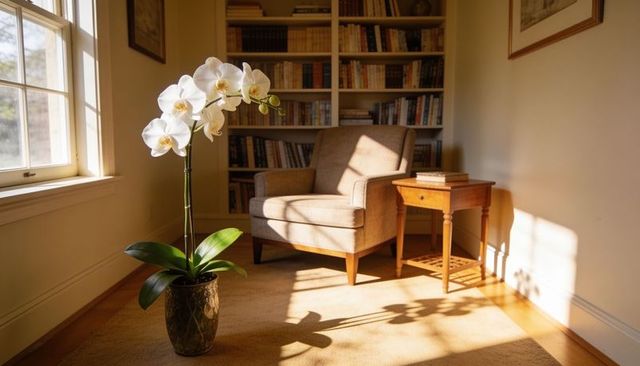 Sunlit reading nook with potted white phalaenopsis orchid and cozy mid-century armchair