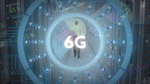 Futuristic 6G Concept in Server Room with Digital Interface