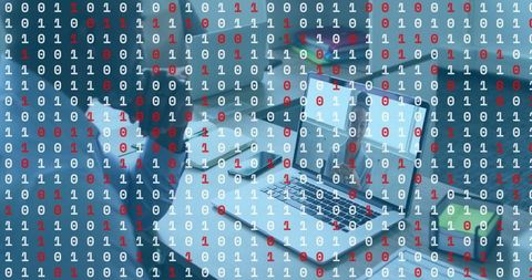 Digital data across modern workspace with binary overlay