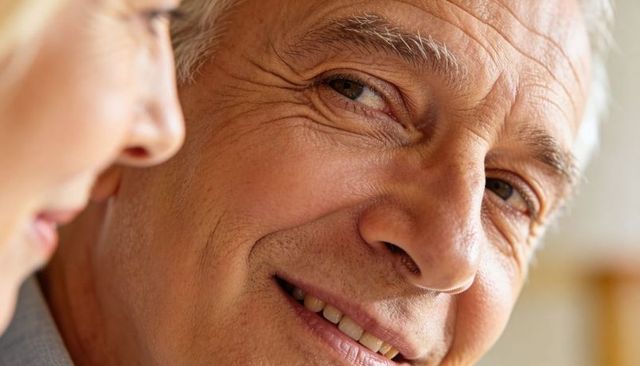 Smiling senior man leaning toward partner showing crow's feet gentle smile closeup portrait