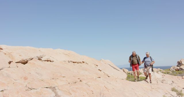 Senior Men Hiking Among Rocky Terrain on Clear Day - Download Free Stock Images Pikwizard.com