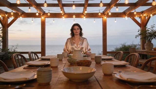 Woman hosting intimate sunset dinner on oceanfront deck with warm string lights