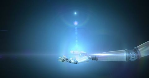Futuristic Robot Arm Reaching Toward Light with Blue Lens Flare - Download Free Stock Images Pikwizard.com
