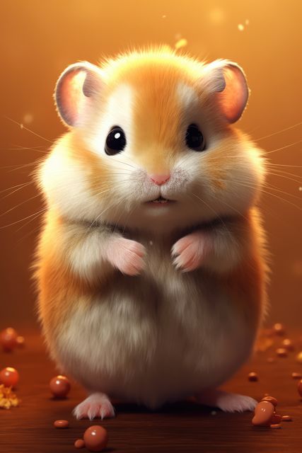 Close up of cute hamster on orange background, created using generative ai technology. Pet, animal and rodent concept digitally generated image.
