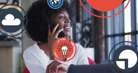 Woman Enjoying Phone Call Surrounded by Tech Icons