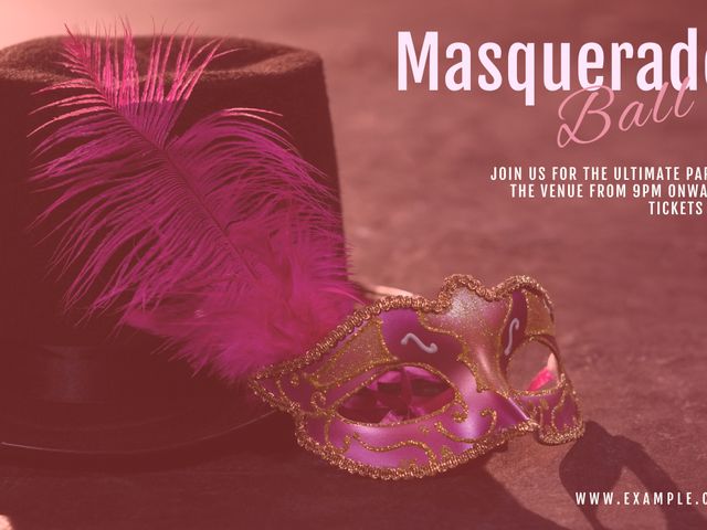 Elegant invitation promoting a glamorous masquerade ball, marked by a stylish mask and hat. Ideal for use in promoting exclusive events, parties, or themed celebrations aimed at creating a sense of mystery and glamour. Perfect for social media posts, event flyers, and party invitations.