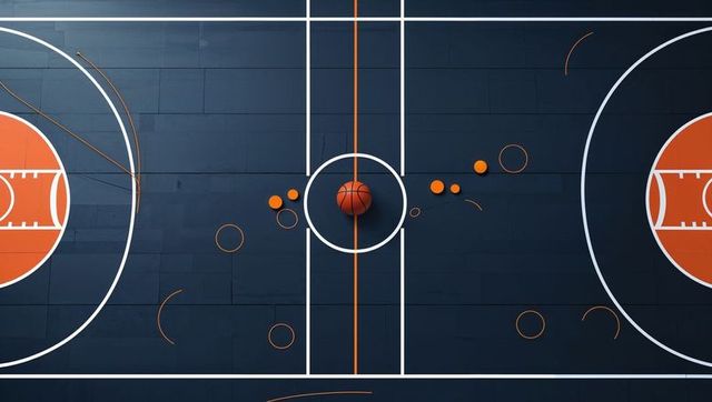 Overhead view of basketball court with basketball and lines
