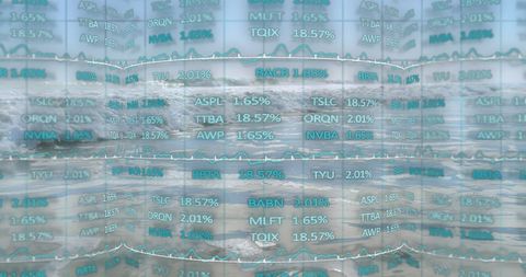 Futuristic Digital Interface with 6G Symbols and Stock Data Over Ocean