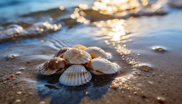 Glistening scallop shell cluster on wet shoreline with sunlit reflections, ripples and bokeh
