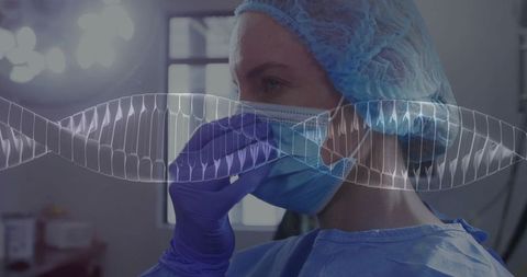 Lab Technician Adjusting Mask with DNA Helix in Research Innovation