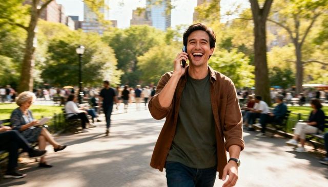Laughing man walking and talking on smartphone in sunny urban park