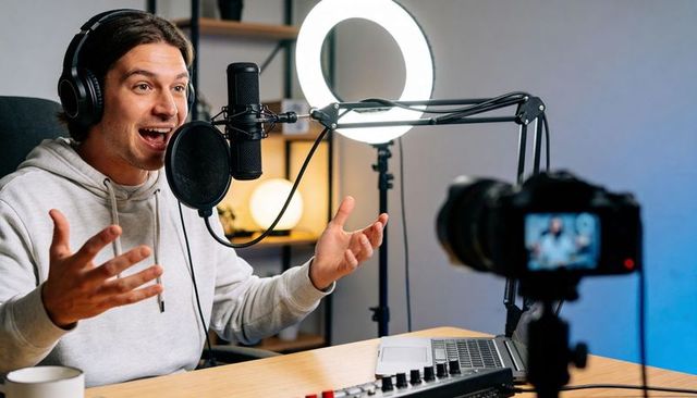 Energetic creator recording podcast with microphone, headphones, ring light and camera