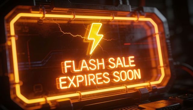 Glowing neon flash sale sign emitting orange cyberpunk glow from futuristic console