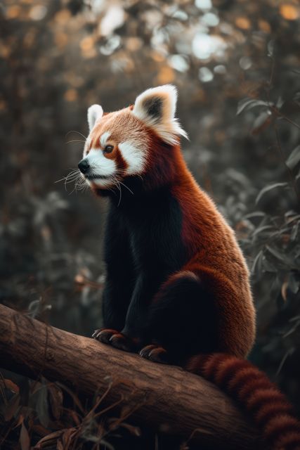 Red panda on branch in forest, created using generative ai technology. Animal, wildlife and nature concept digitally generated image.
