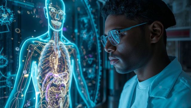 African american researcher studying holographic human anatomy in futuristic neon laboratory