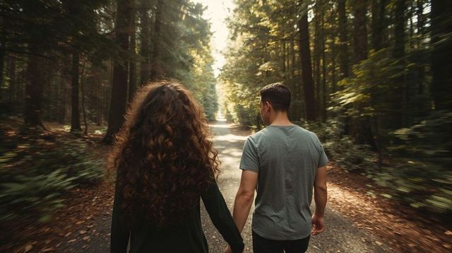 Couple walking hand in hand on sunlit forest road during golden hour romantic woodland trail