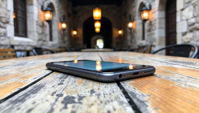 Metal smartphone resting on weathered wooden table in stone arcade with warm lantern light