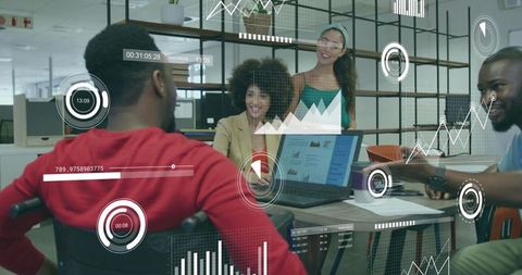 Collaborating team reviewing laptop dashboards with hud analytics and accessible workspace