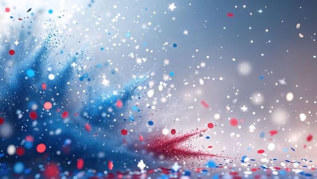 Dynamic explosion of red and blue confetti plumes with stars