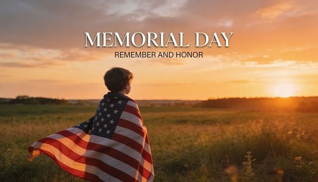 Child wrapped in american flag watching golden sunset over field memorial day tribute