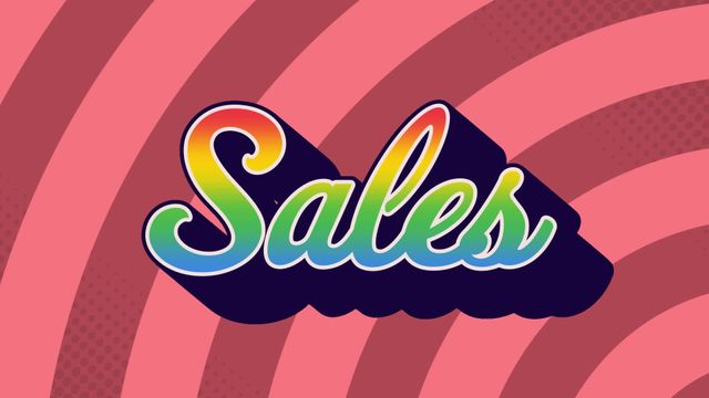 Perfect visual for promotional materials and marketing campaigns emphasizing sales or discounts. The rainbow gradient offers an eye-catching, retro-styled appeal suitable for social media posts, website banners, and email newsletters. Useful for drawing attention to limited-time offers and seasonal sales events.