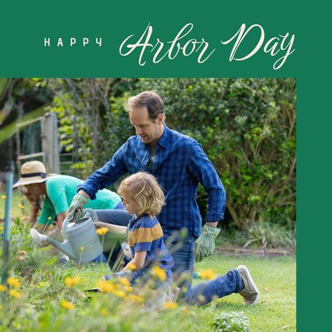 Family Celebrating Arbor Day by Gardening Together