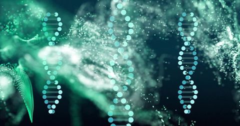 Futuristic DNA Helix Particles and Teal Molecular Data Visualization for Biotechnology