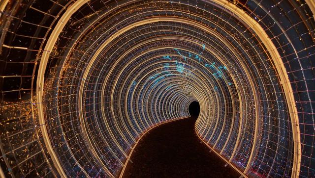 Glowing led tunnel in dark park landscape