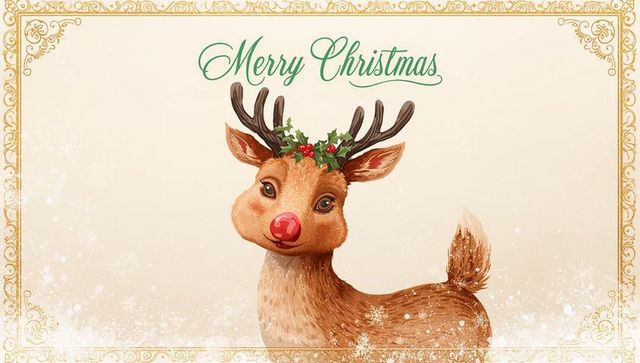 Vintage christmas reindeer wearing holly crown and red nose with ornate gold border