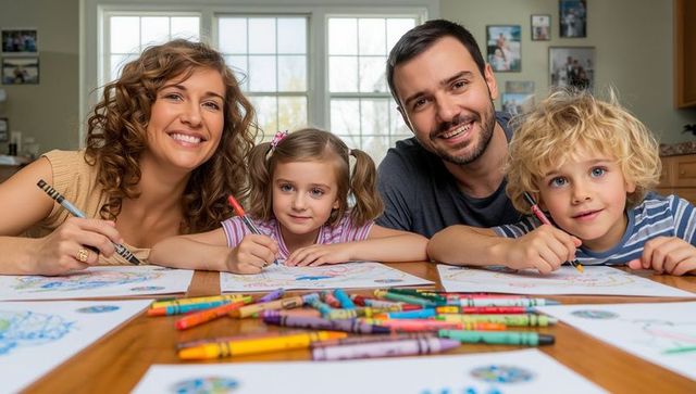 Happy Family Coloring Together in Bright Kitchen Environment