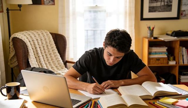 Focused teen studying at home with laptop, notebooks and textbooks on sunlit study desk