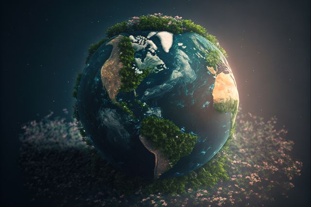 Globe and plants on flower garden on black background, created using generative ai technology. Earth day and ecology concept digitally generated image.